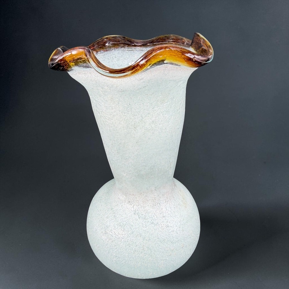 Hand Blown Art Glass Vase Seafoam Green Amber Ruffled Rim Bubbles 7inch Tall